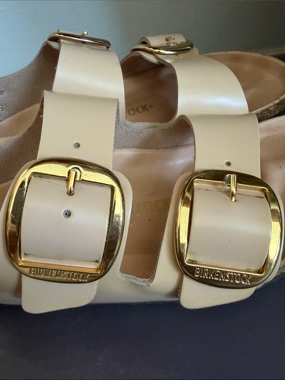 Birkenstock Double-Buckle Sandals in Nude with Gold Hardware - Picture 2 of 7